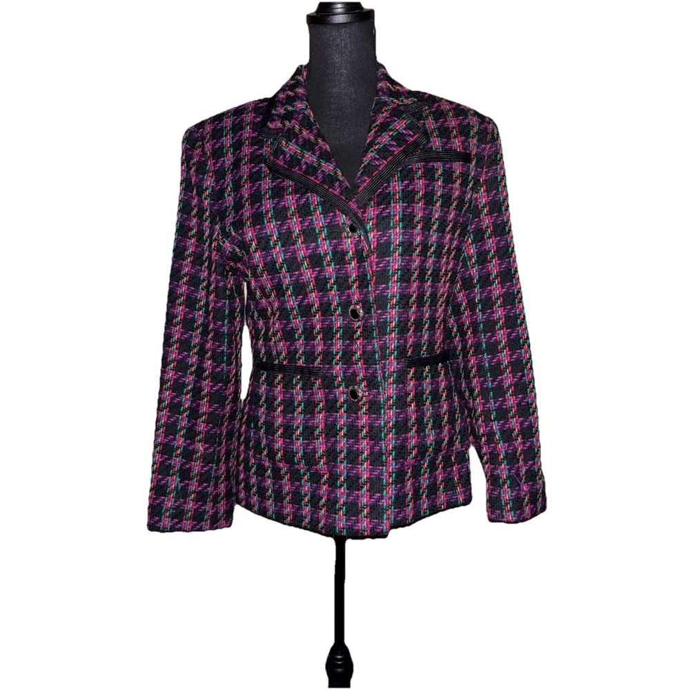 Mixit Ladies Jacket Blazer Size 7/8 Multicolor Tweed Black Plaid Lined VTG 90's